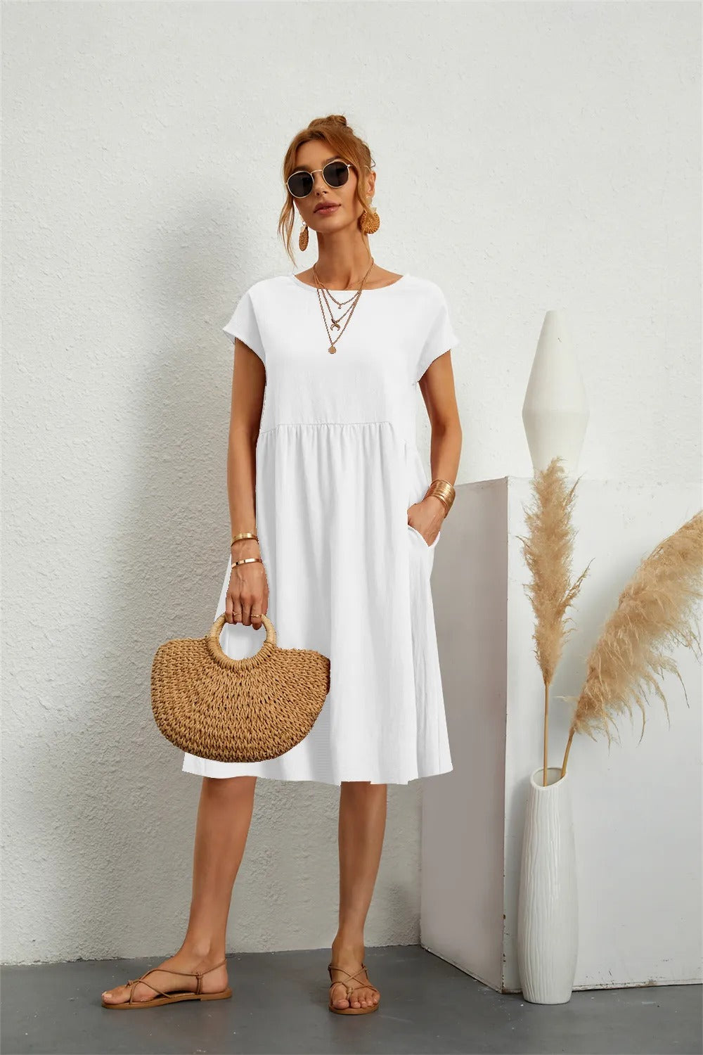 Casual Short Sleeve Midi Dress for Women | Featuring Pockets