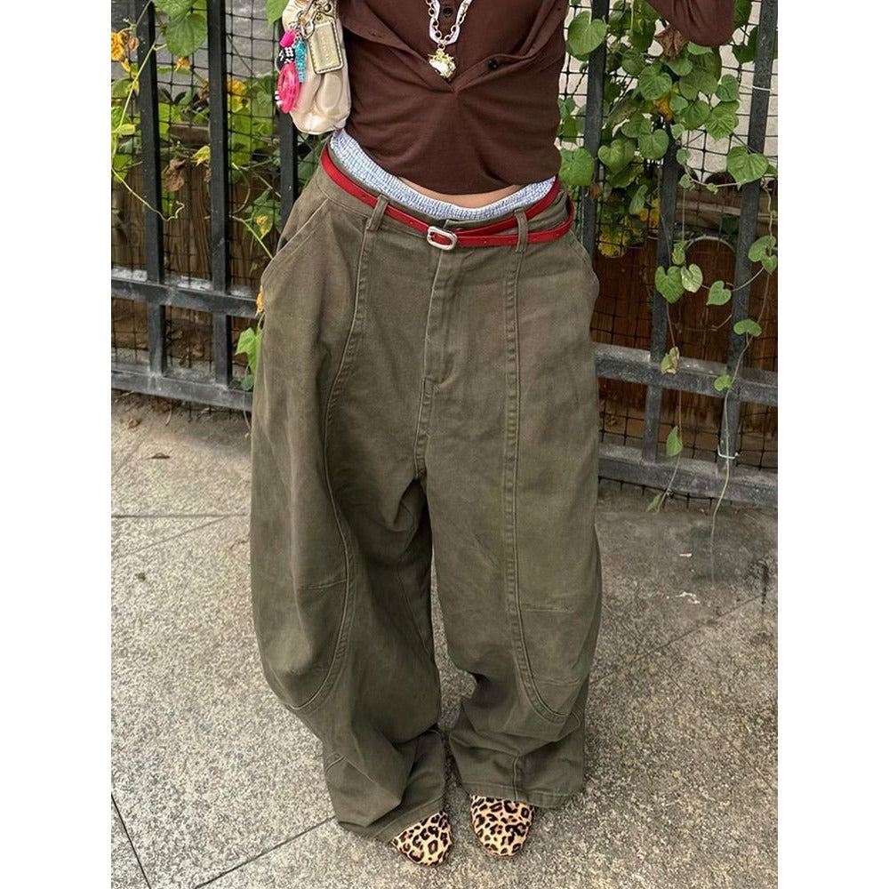 Olive Green Wide Leg Jeans with Loose Fit for Women - Adelaide