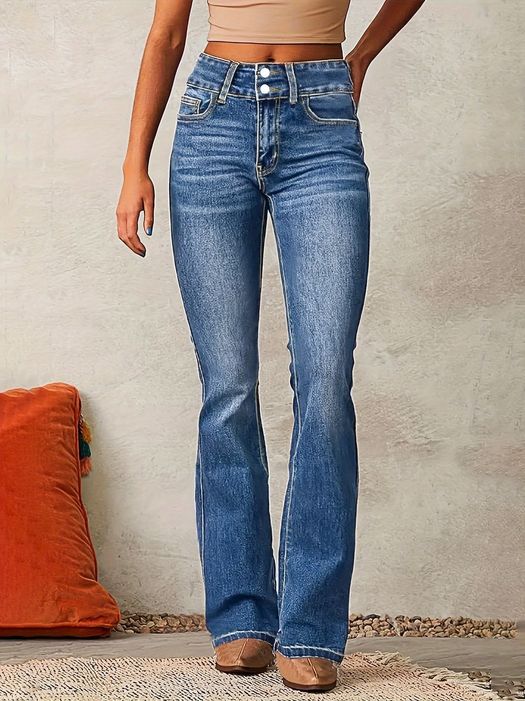 High-Waisted Flared Jeans for Women | Double Button Closure