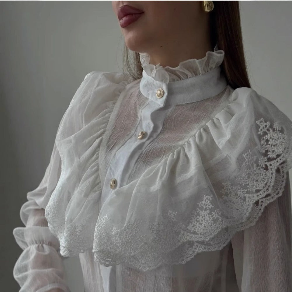 White Sheer Lace Ruffle Blouse with Long Sleeves for Women - Melissa