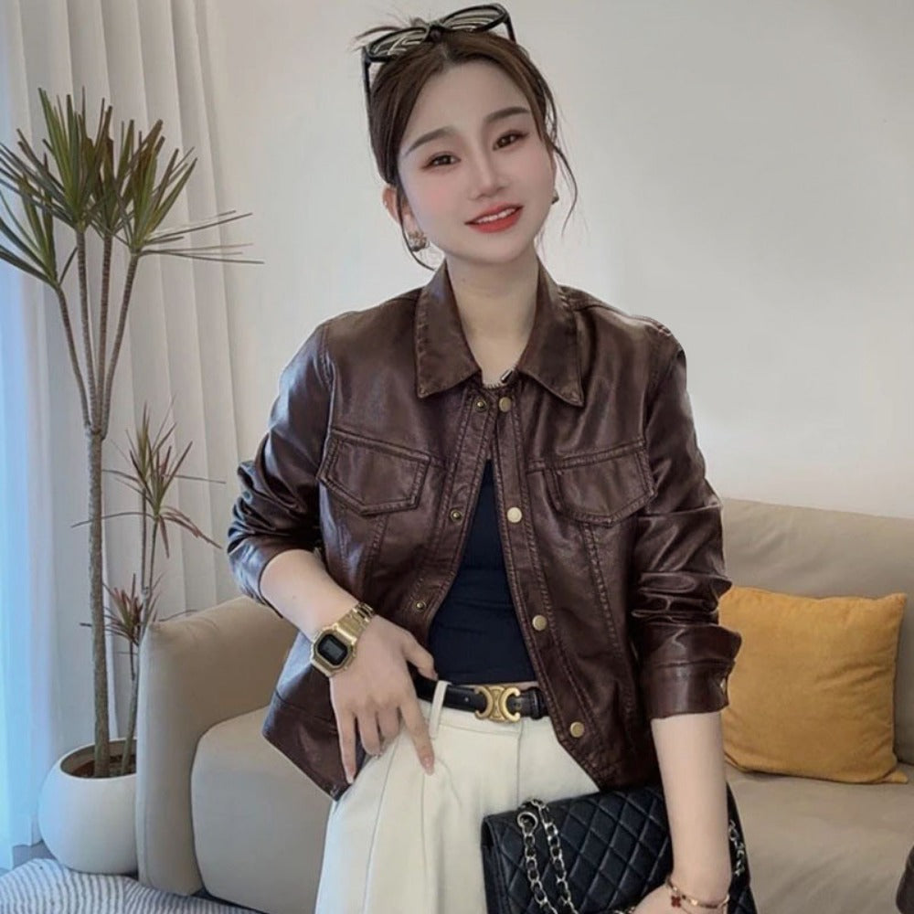 Faux Leather Jacket with Button Closure for Women - Iolanda