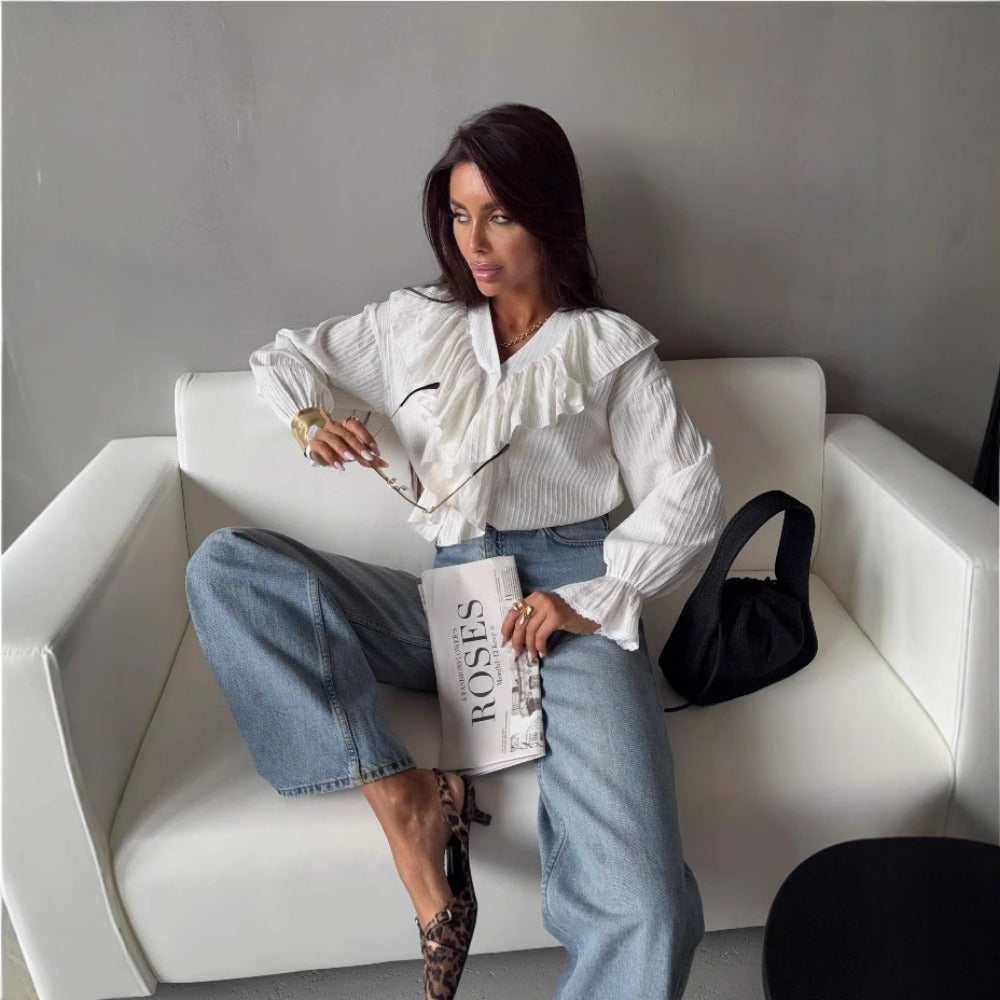 White Ruffle V Neck Blouse with Long Sleeves for Women - Loredana
