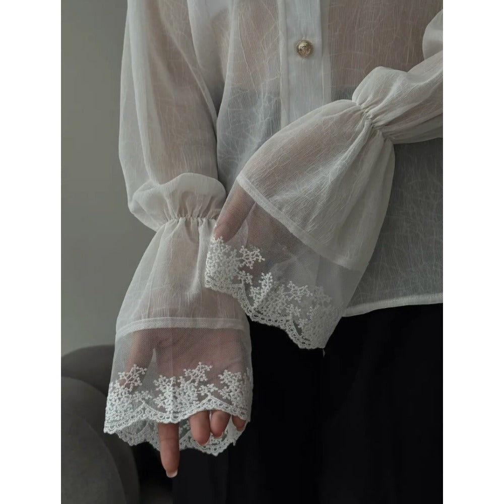 White Sheer Lace Ruffle Blouse with Long Sleeves for Women - Melissa