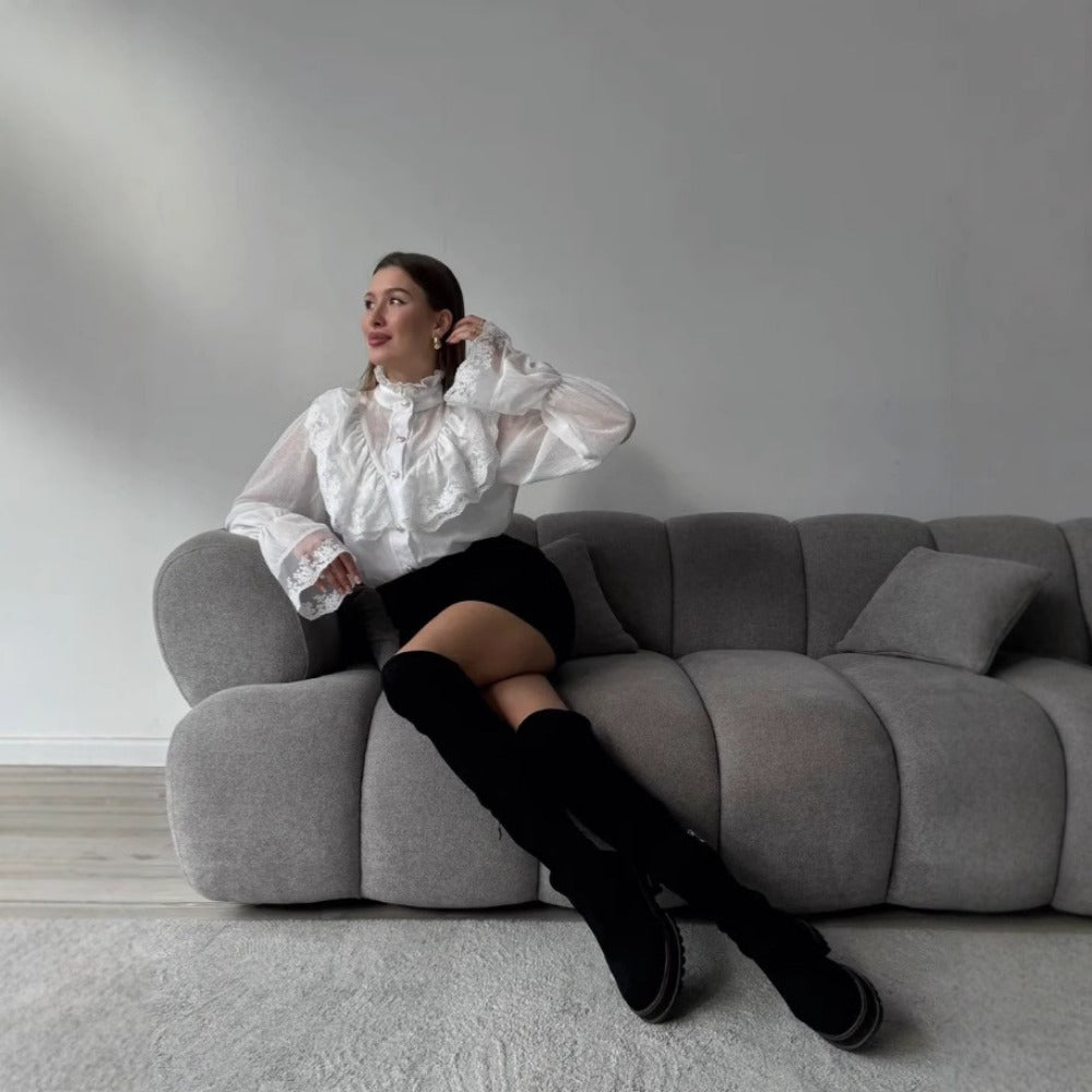 White Sheer Lace Ruffle Blouse with Long Sleeves for Women - Melissa