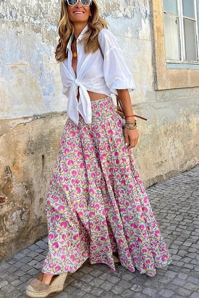 Women's High Waisted Flowy Boho Skirt | Long