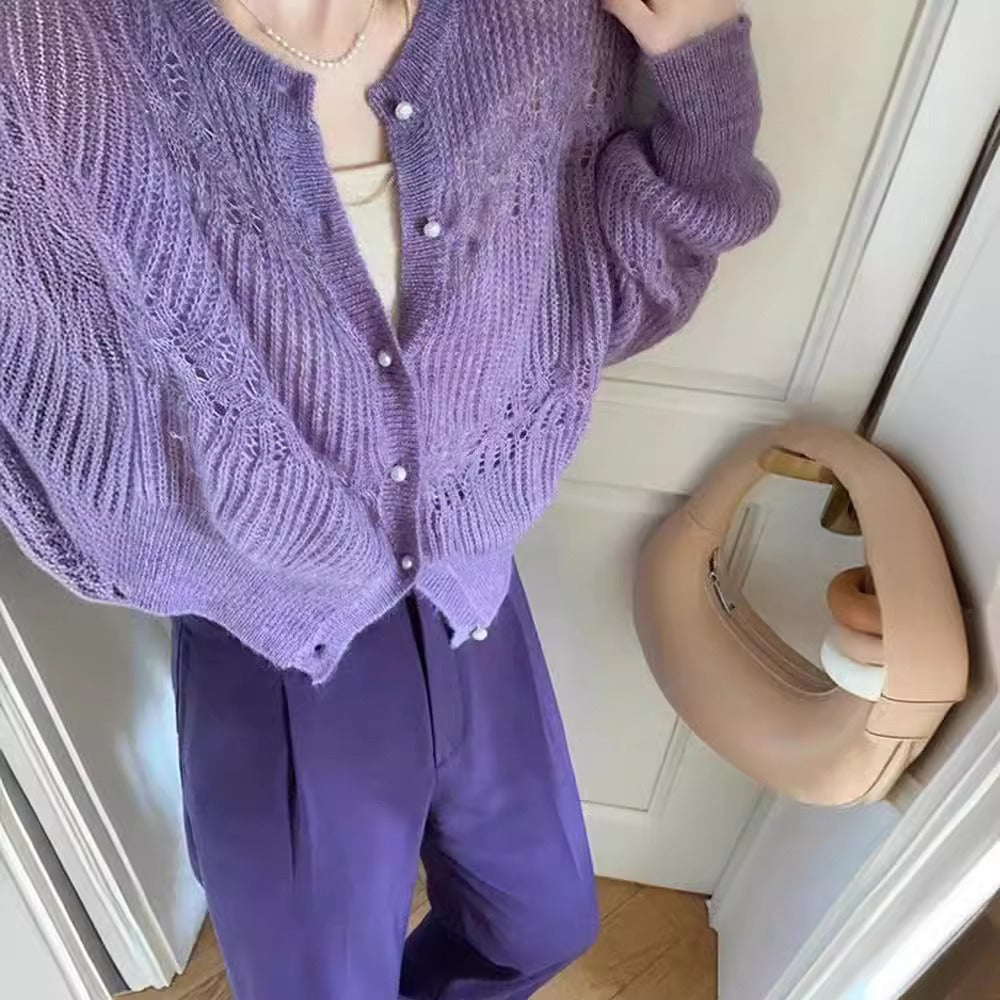Purple Knit Cardigan Sweater with Long Sleeves for Women - Gelsomina