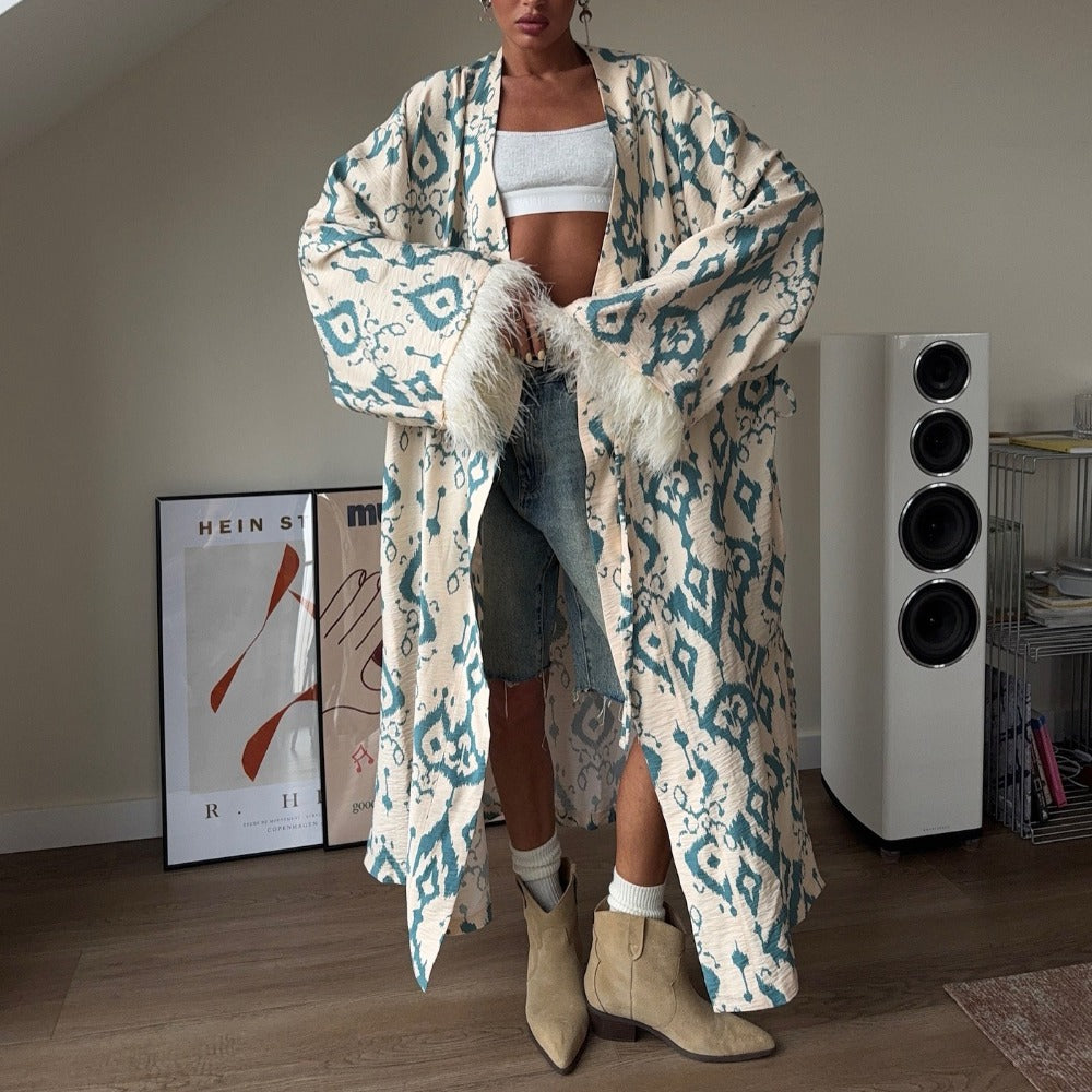 Beige Teal Printed Kimono Maxi Coat with Feather Sleeves for Women - Rachele