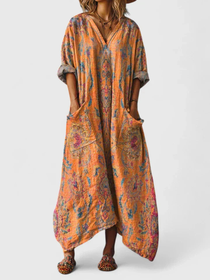 Women’s Boho V-Neck Kaftan Maxi Dress | with Pockets
