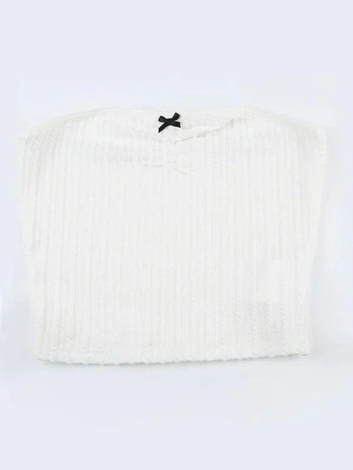 White Y2K Textured Bow Bandeau Top