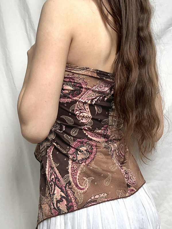 Brown Vintage Floral Print Halter Vest