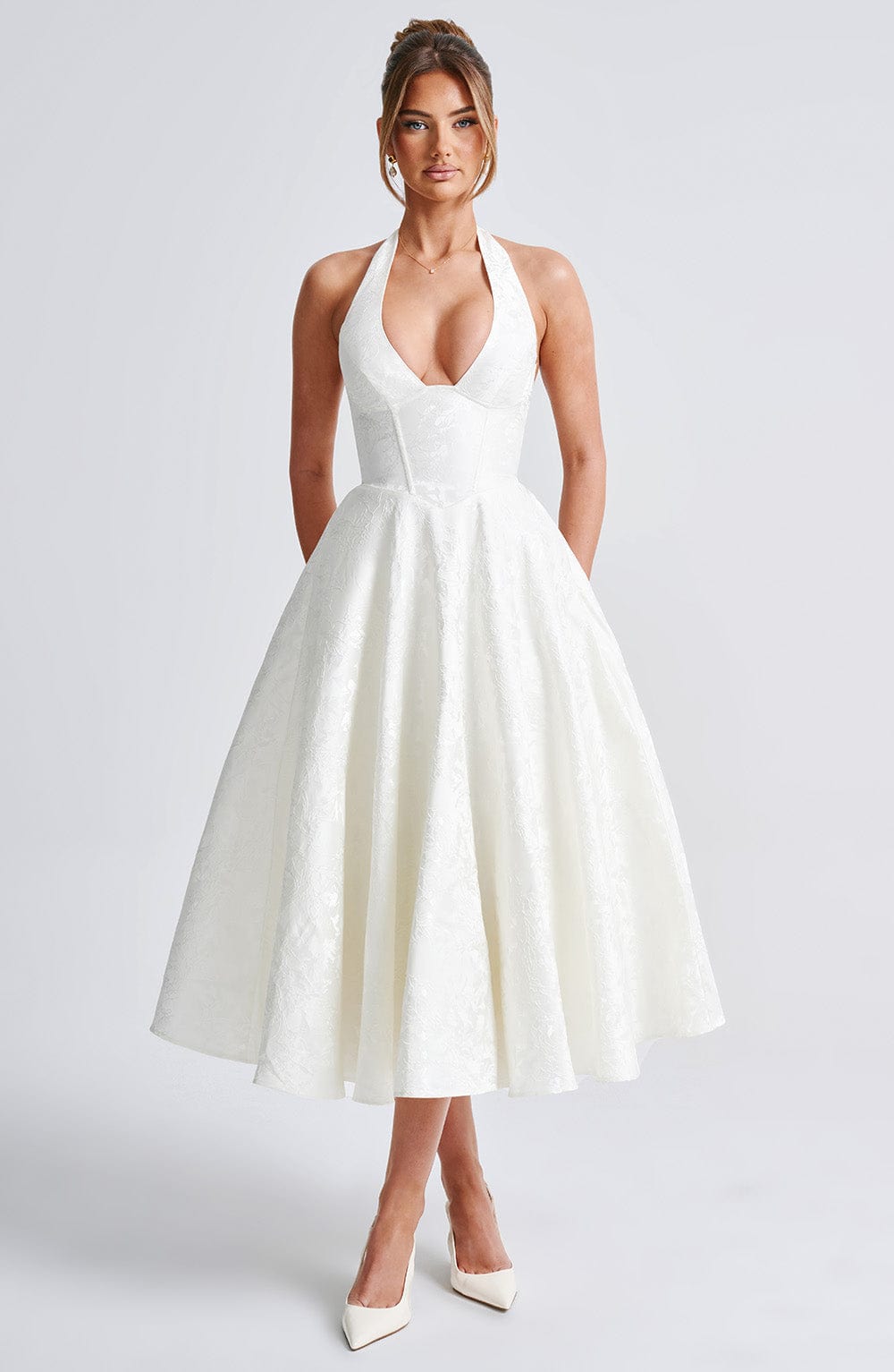 White Halter Midi Dress with Flared Skirt for Women - Natalia