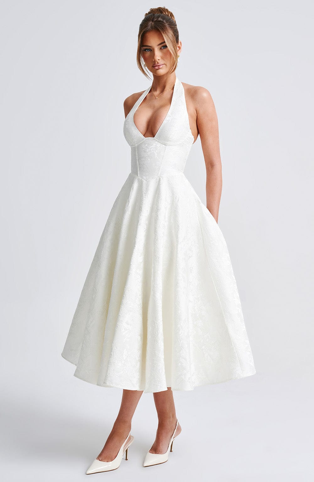 White Halter Midi Dress with Flared Skirt for Women - Natalia