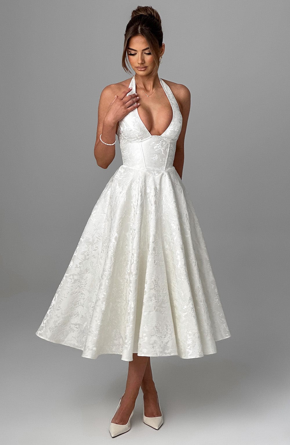White Halter Midi Dress with Flared Skirt for Women - Natalia