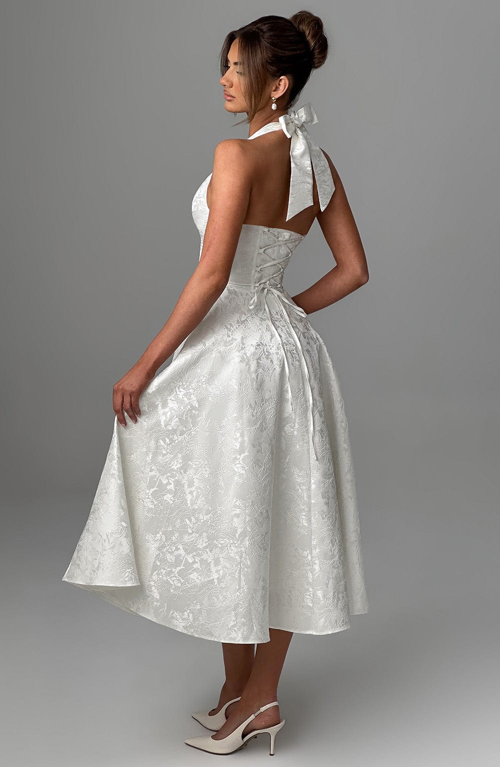 White Halter Midi Dress with Flared Skirt for Women - Natalia
