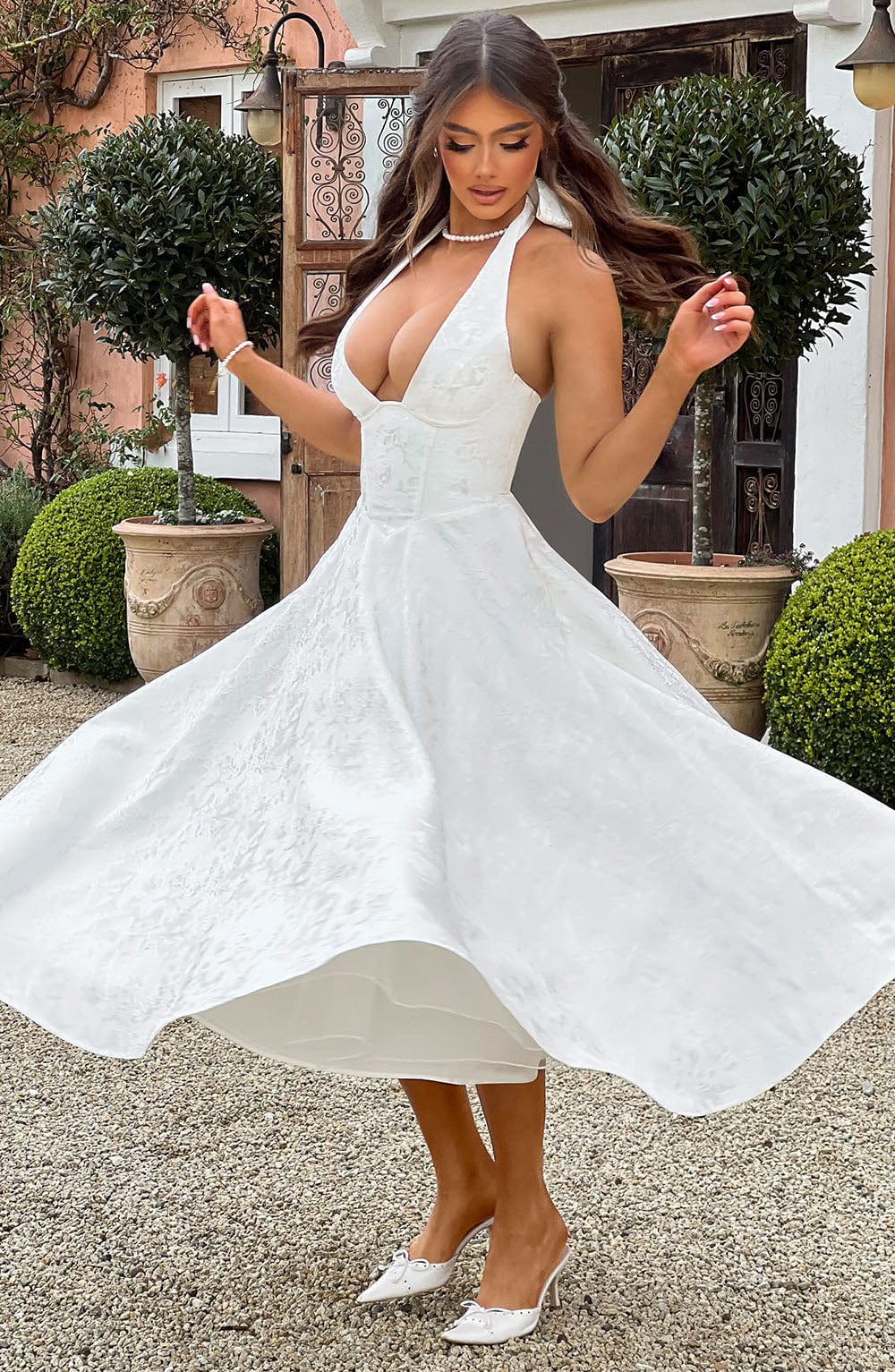 White Halter Midi Dress with Flared Skirt for Women - Natalia