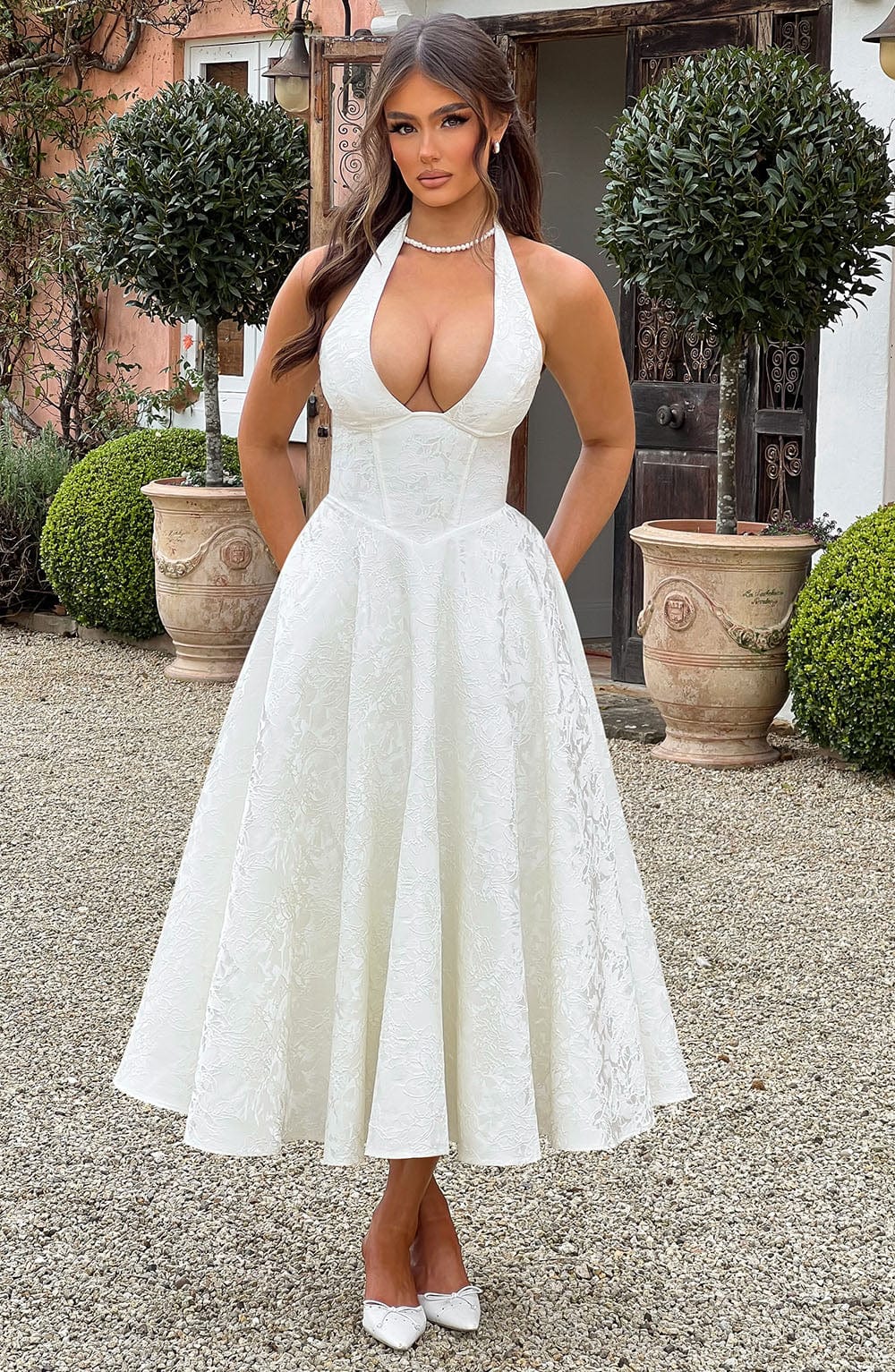 White Halter Midi Dress with Flared Skirt for Women - Natalia