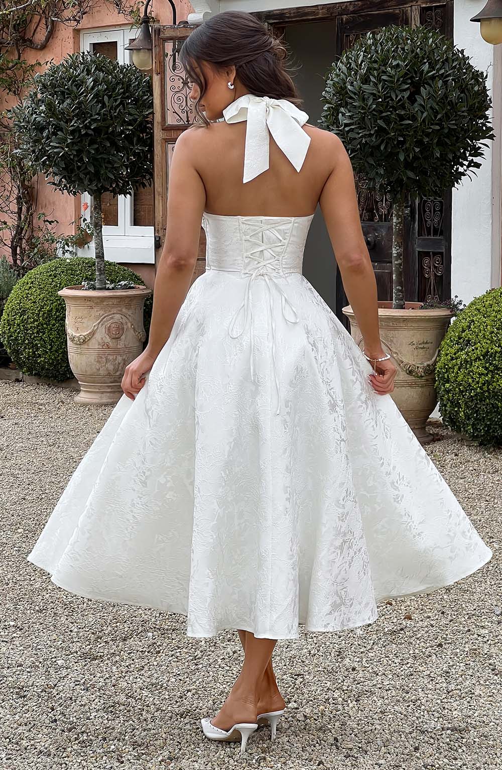 White Halter Midi Dress with Flared Skirt for Women - Natalia