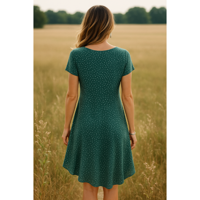 Women's Midi Summer Dress with Round Neck and Short Sleeves