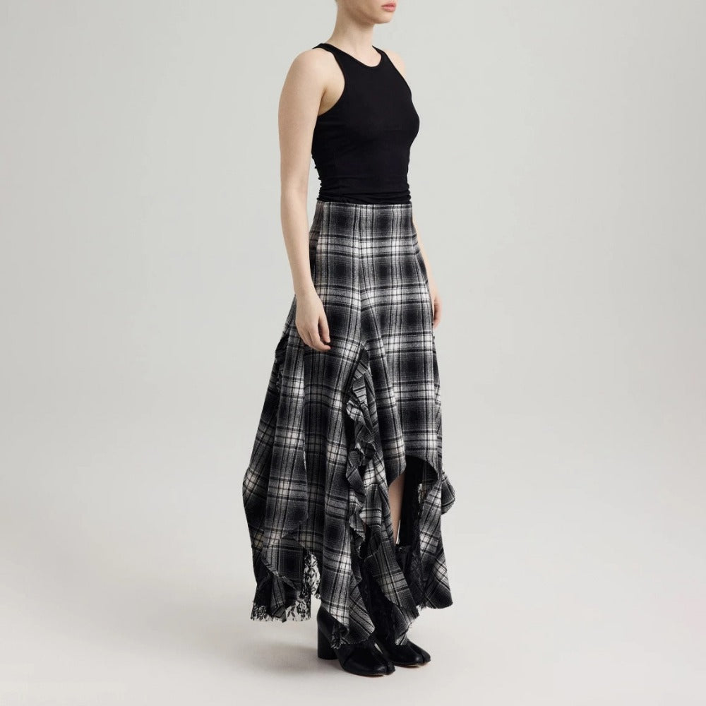Black White Plaid Asymmetrical Midi Skirt with Ruffles for Women - Bianca