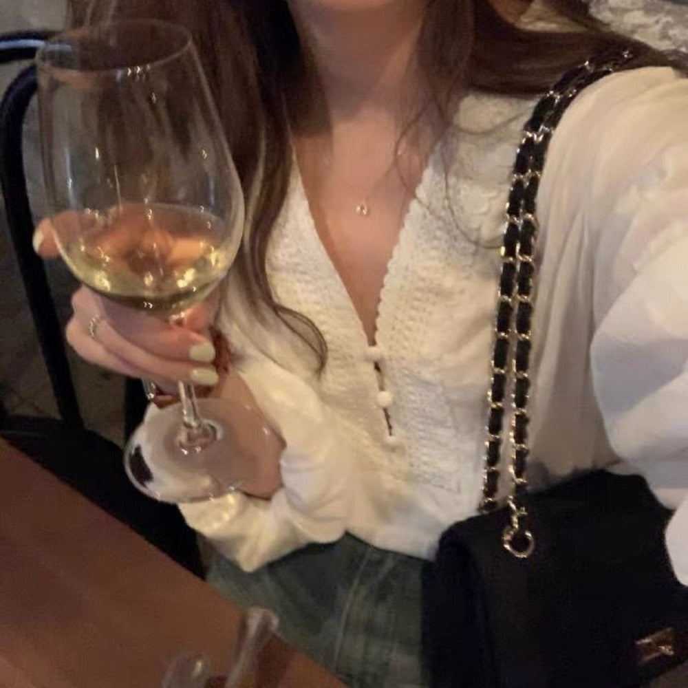 White Long Sleeve V Neck Blouse for Women - Marina