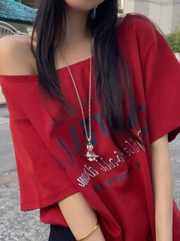 Red Y2k Digital Print Oversized Short Sleeve Tee