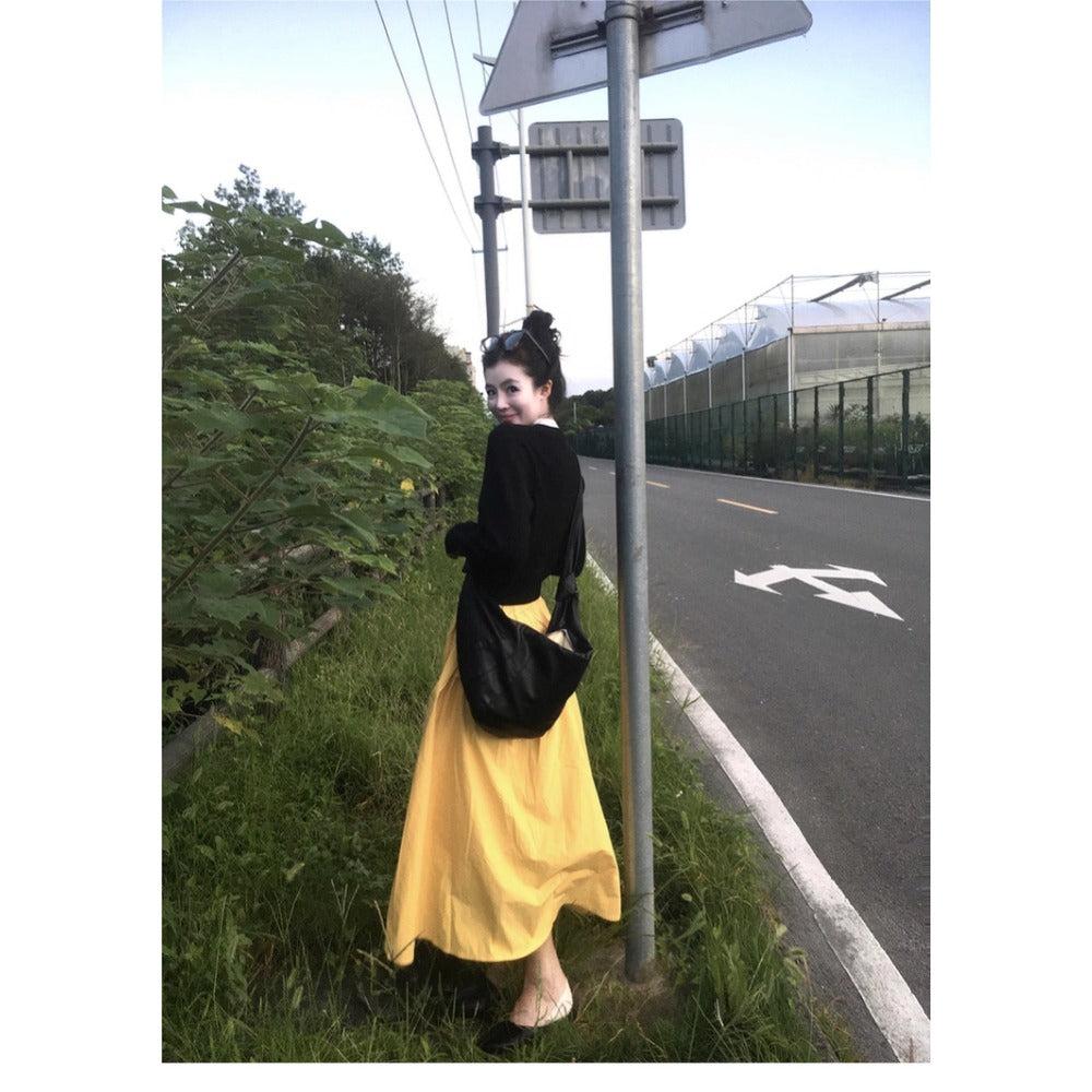Yellow High Waist Maxi Skirt with Pleats for Women - Rosa