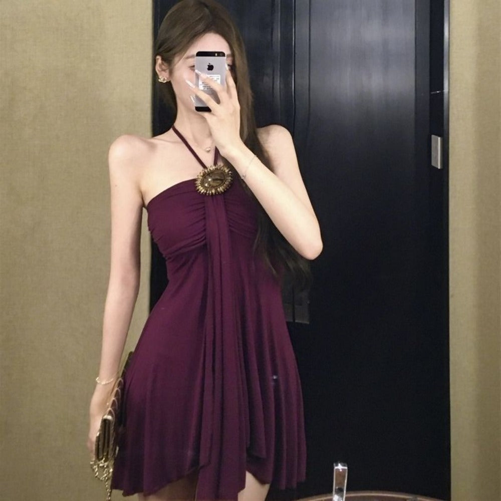 Wine Red Halter Mini Dress for Women - Isabella