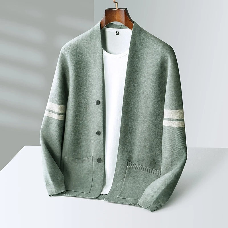 Men's Slim-Fit Button-Front Cardigan | with Striped Sleeve