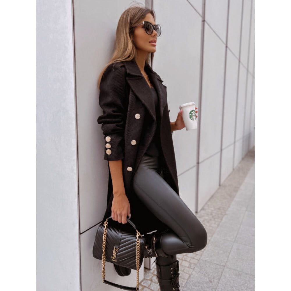 Double Breasted Long Coat with Buttons for Women - Elvira