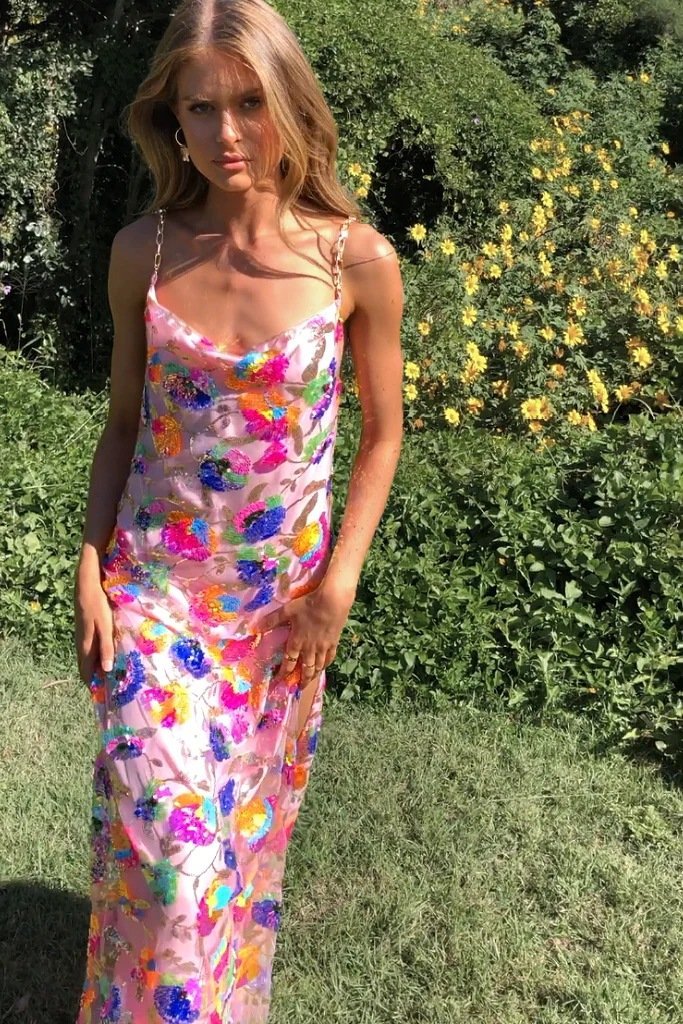 Floral Sequin Maxi Dress with Chain Straps for Women - Donatella