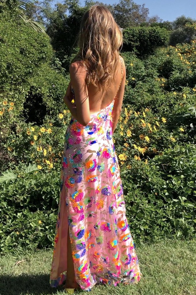 Floral Sequin Maxi Dress with Chain Straps for Women - Donatella