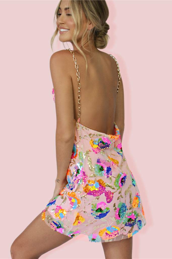 Sequin Floral Mini Dress with Chain Straps for Women - Viviana