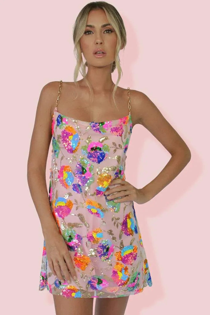 Sequin Floral Mini Dress with Chain Straps for Women - Ylenia