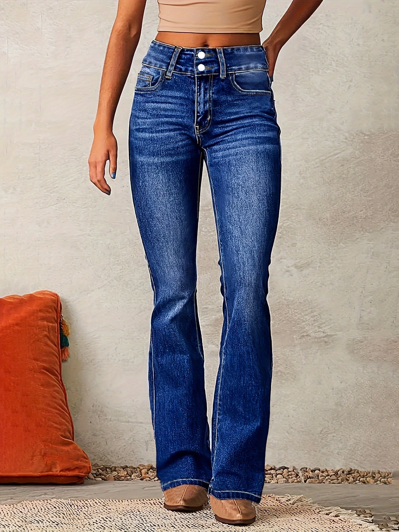 High-Waisted Flared Jeans for Women | Double Button Closure