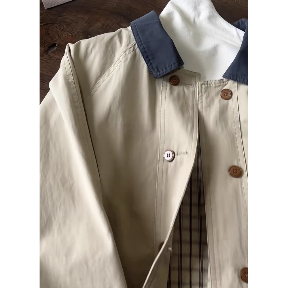 Beige Button Up Contrast Collar Trench Coat for Women - Luce