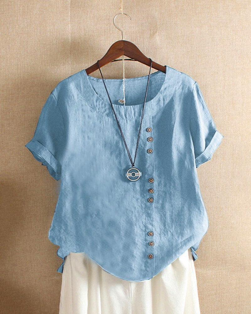 Women's Casual Short Sleeve Linen Blouse for Summer