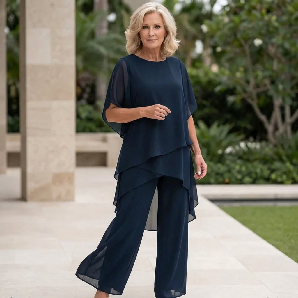 Women's Two-Piece Formal Set | Asymmetrical Layered Top and Wide-Leg Pants