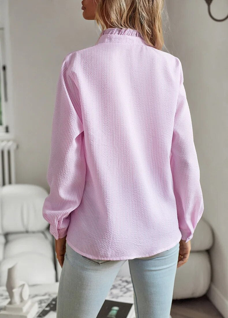Ruffled Trim Button-Up Blouse for Women | Long Sleeve