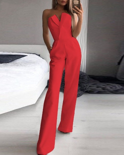 V-Neck Strapless Wide Leg Jumpsuit for Women