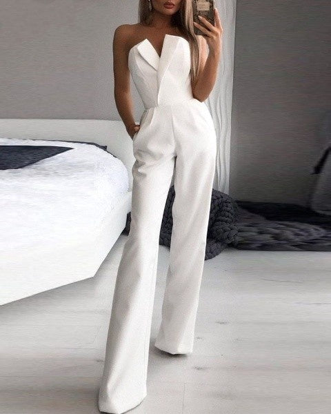 V-Neck Strapless Wide Leg Jumpsuit for Women