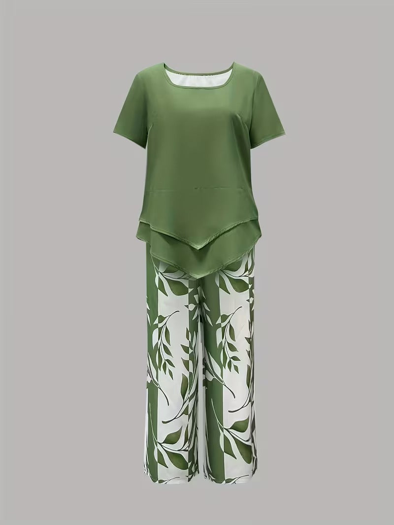 Women's Summer Layered Top and Wide-Leg Pants | 2-Piece Set