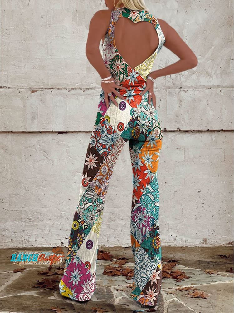 Women's Boho Floral Wide-Leg Jumpsuit | with Heart Cutout Open Back