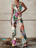 Women's Boho Floral Wide-Leg Jumpsuit | with Heart Cutout Open Back