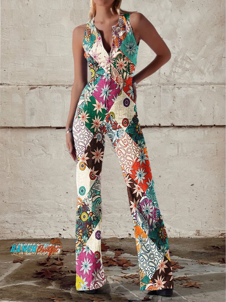 Women's Boho Floral Wide-Leg Jumpsuit | with Heart Cutout Open Back