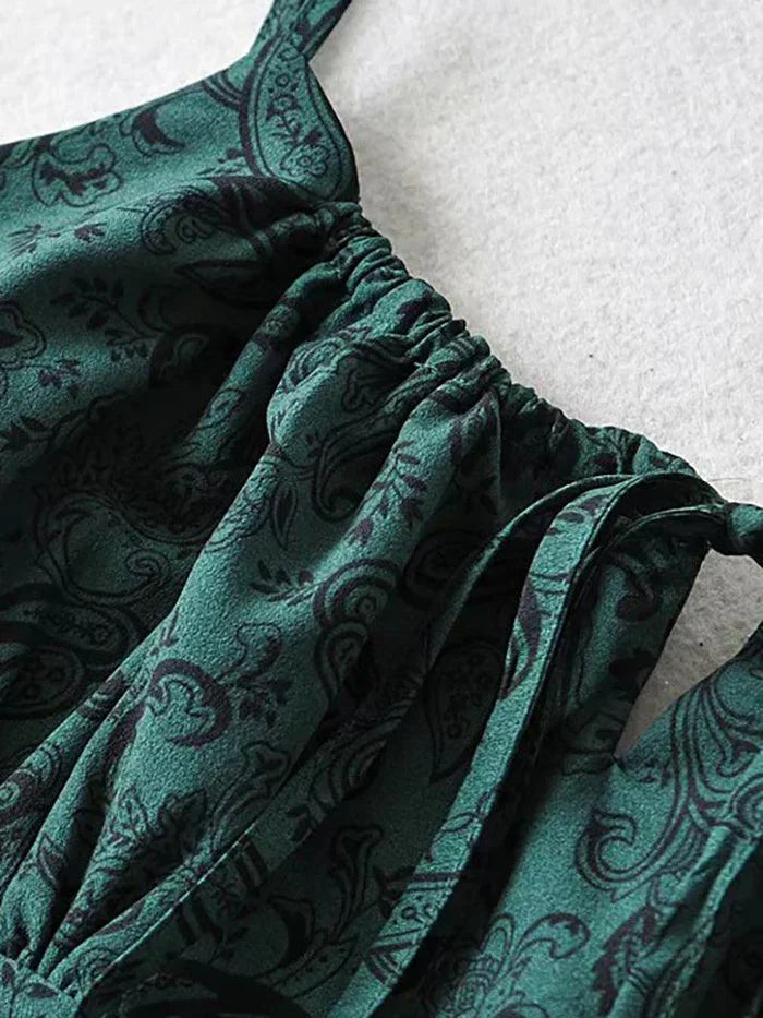 Green Vintage Lace Up Paisley Print Mini Dress
