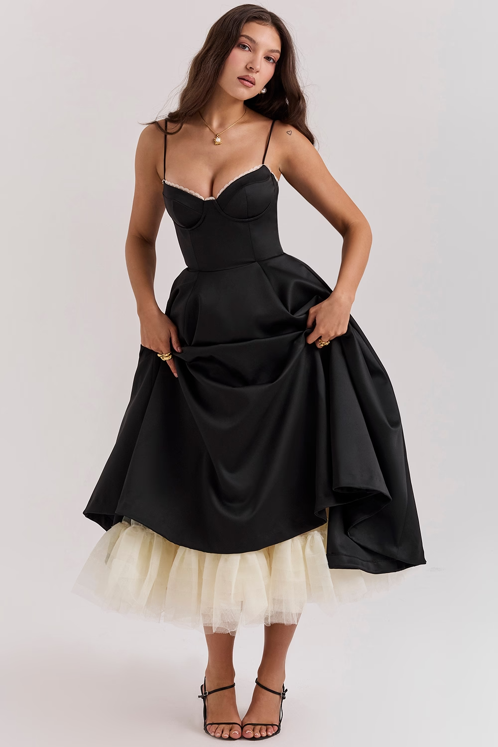 Women's Midi Evening Dress with Heart-Shaped Neckline