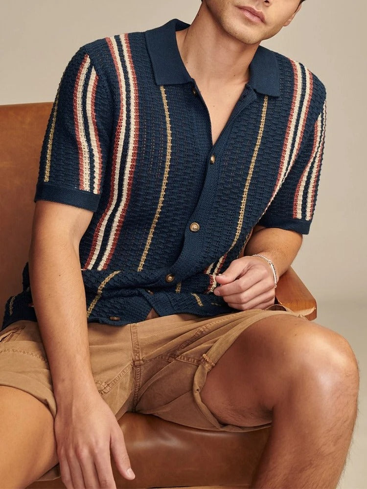 Men's Casual Knitted Striped Polo Shirt | Short Sleeve