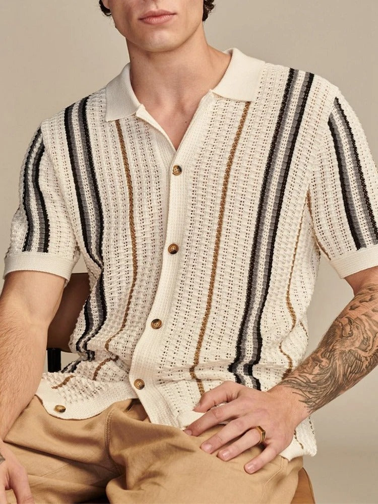 Men's Casual Knitted Striped Polo Shirt | Short Sleeve