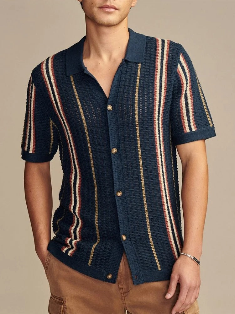 Men's Casual Knitted Striped Polo Shirt | Short Sleeve