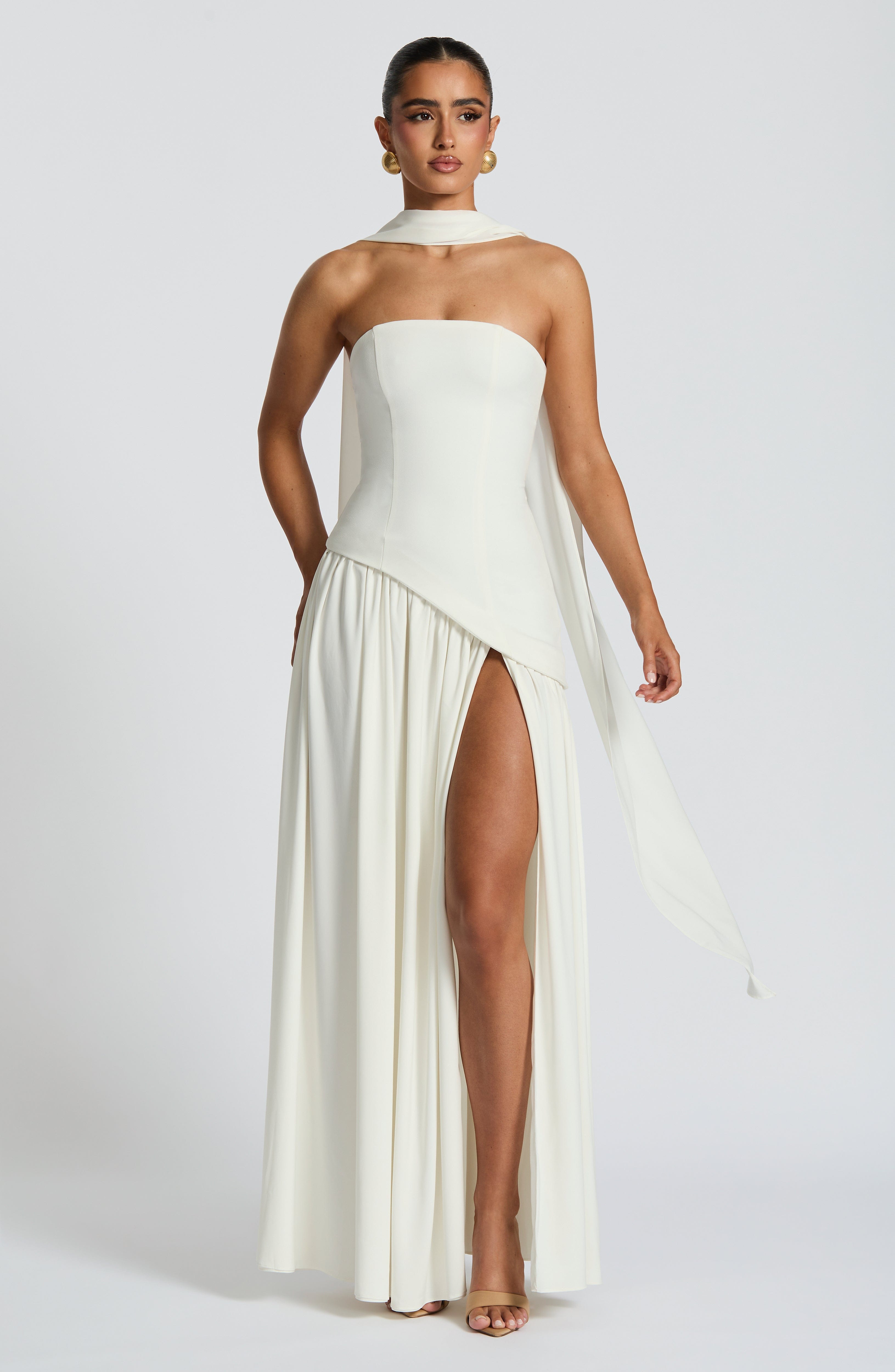 White Strapless Maxi Dress with Side Slit for Women - Maddalena